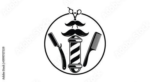 barber tools and mustache in circular frame silhouette high quality professional detailed modern elegant stylish clean crisp vibrant colorful digital creative