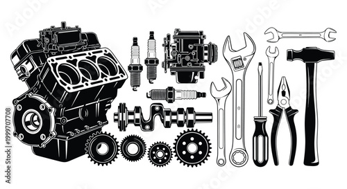 engine components and tools in black and white silhouette high quality professional detailed modern elegant stylish clean crisp vibrant colorful digital