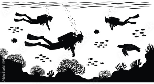 scuba divers exploring underwater scene with fish and coral silhouette high quality professional detailed modern elegant stylish clean crisp vibrant colorful