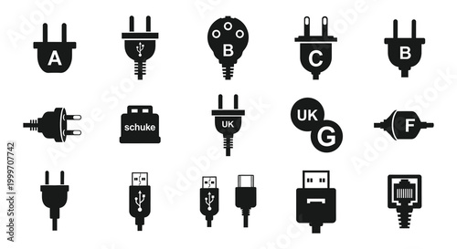 various electrical plug and connector silhouettes on white background silhouette high quality professional detailed modern elegant stylish clean crisp vibrant colorful