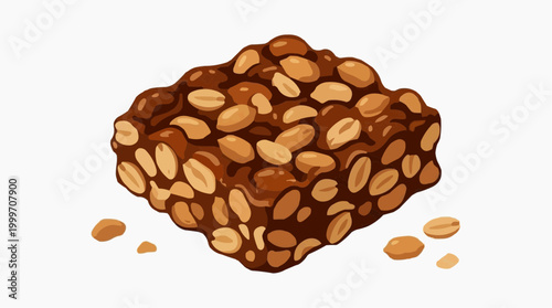 A delightful close-up view of a sweet peanut bar. The bar's rectangular form with rich, brown sugary glaze and whole peanuts scattered generously throughout