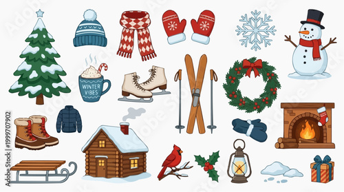 A delightful winter wonderland scene, artfully rendered with charming illustrations of quintessential seasonal elements. A visually appealing graphic that evokes the cozy warmth of winter.