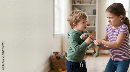 Two children fighting over a toy dinosaur in a living room. Sibling rivalry and conflict between a young boy and girl. Childhood behavior and sharing concept. Large copy space on the left