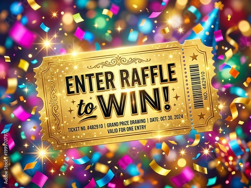 Gold ticket with bold Enter RAFFLE to WIN text in vibrant lottery scene
