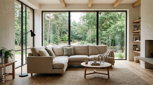 Modern minimalist living room with beige corner sofa by large forest windows
