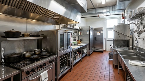 Empty kitchen with professional cooking equipment like stainless oven and stove
