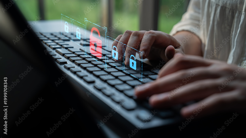 Fototapeta premium Digital security concept illustrating a cybersecurity breach, with a red unlocked padlock indicating data exposure among secure systems, emphasizing system vulnerability and risk Latch