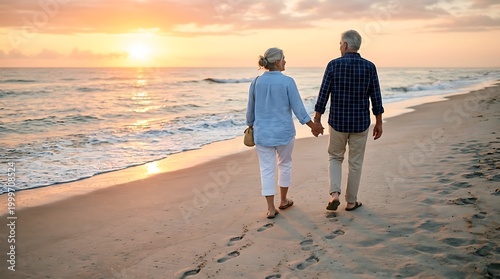 Senior couple hand-in-hand leaving sandy footprints on beach at sunrise light
