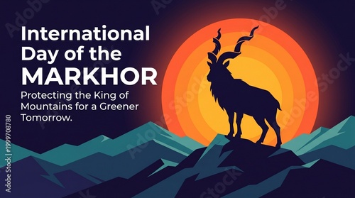 International Day Markhor Silhouette Mountain Sunrise Vector Poster