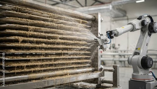 Side view medium shot showing a robotassisted filter press cleaning process as the machine carefully wipes down plates covered in residual cake using automated washing technology.