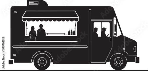 Food truck silhouette with people serving food and driving, silhouette