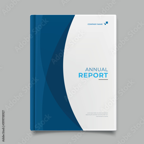 A professional corporate book cover design featuring a modern white and blue abstract wave pattern for an annual report or business brochure layout.