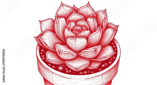 Vibrant Red Succulent Plant in a Pot - Hand Drawn Botanical Illustration