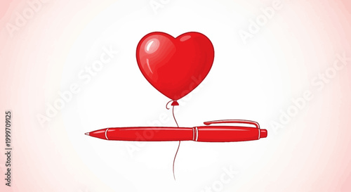 Red heart shaped balloon tied to a writing pen on white background