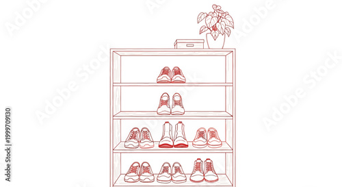 Red line art illustration of a wooden shoe rack with organized footwear and a potted plant