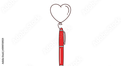 Red pen with a heart shaped balloon line art illustration for creative writing and love