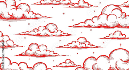 Φωτογραφία Red sketched clouds and stars pattern on white background