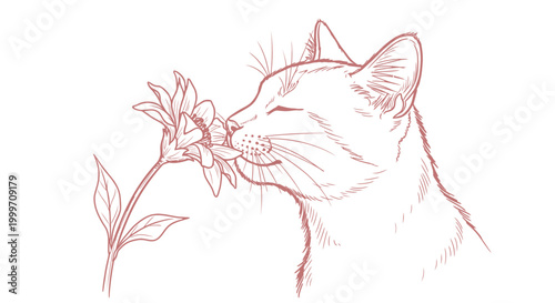 Red line art drawing of a cute cat smelling a flower