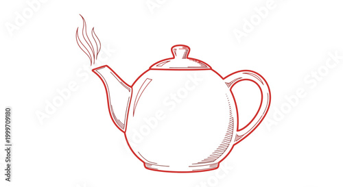 Red line drawing of a steaming vintage teapot isolated on white background