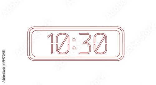 Minimalist red outline icon of a digital clock showing 10:30 on white background.