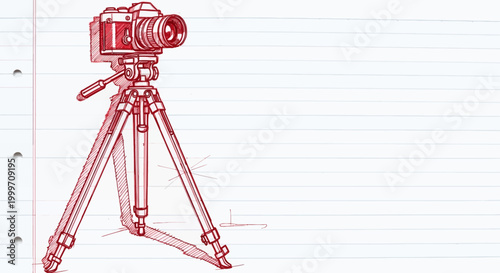 Red ink sketch of a vintage camera on a tripod on lined paper