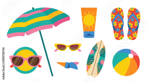 Vibrant Summer Beach Fun Collection: Umbrella Sunscreen Flip Flops and Play Items