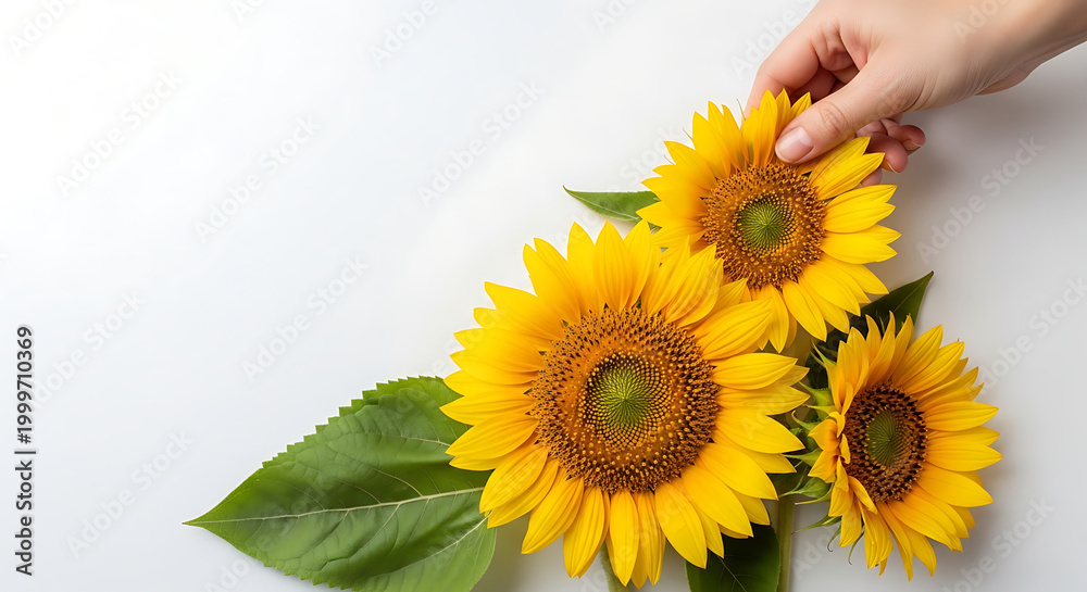 Fototapeta premium Person holding vibrant sunflowers on white background 