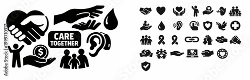 Collection of charity and support icons representing solidarity and community care