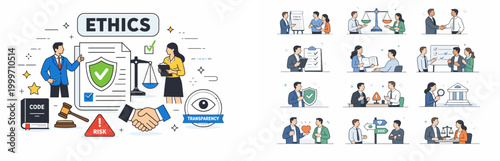 Business ethics and governance concepts illustrated with icons and scenes