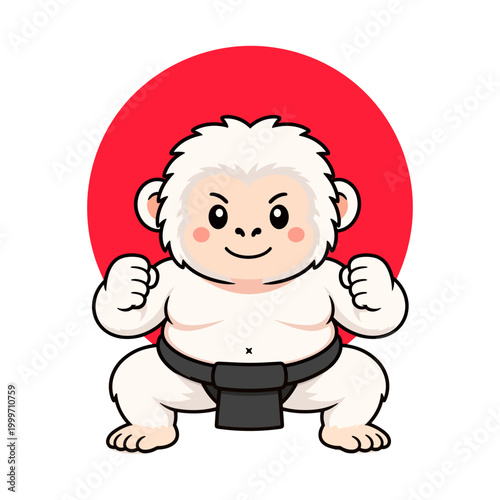 Japanese national animal snow monkey sumo wrestler — cute vector mascot with Japan flag circle background
