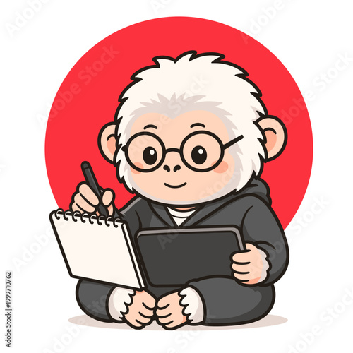 Japanese national animal snow monkey manga artist — cute vector mascot drawing with Japan flag background