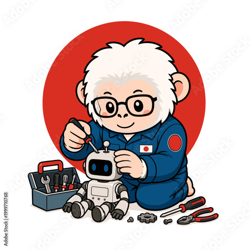 Japanese national animal snow monkey robotics engineer — cute vector mascot with Japan flag background