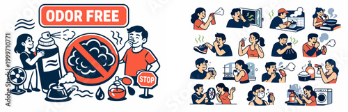 Odor free concept with people using air fresheners and stopping bad smells