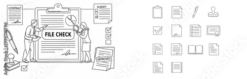 Business professionals reviewing documents and checking files for approval in an office setting