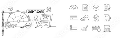 Credit score meter and person applying for mortgage with debt and financial icons