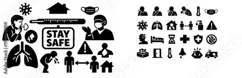 COVID 19 prevention and symptoms icons: stay safe, social distance, masks