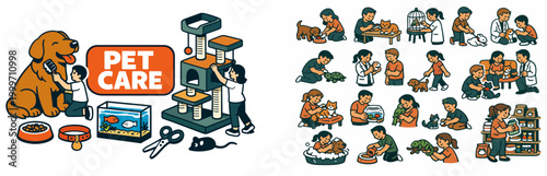Diverse children and adults engaged in various pet care activities and services