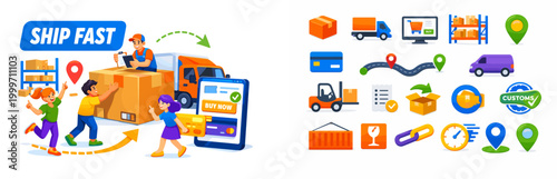 Fast delivery and logistics icons for e commerce and shipping services