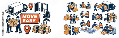 Moving service workflow illustration with people packing and loading boxes into a truck