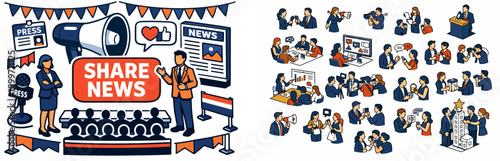 Public relations and media communication event with press and audience engagement