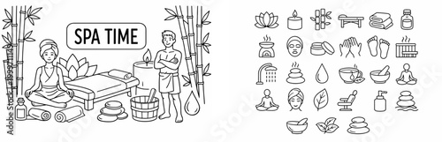 Relaxing spa time with wellness icons and bamboo elements for tranquility