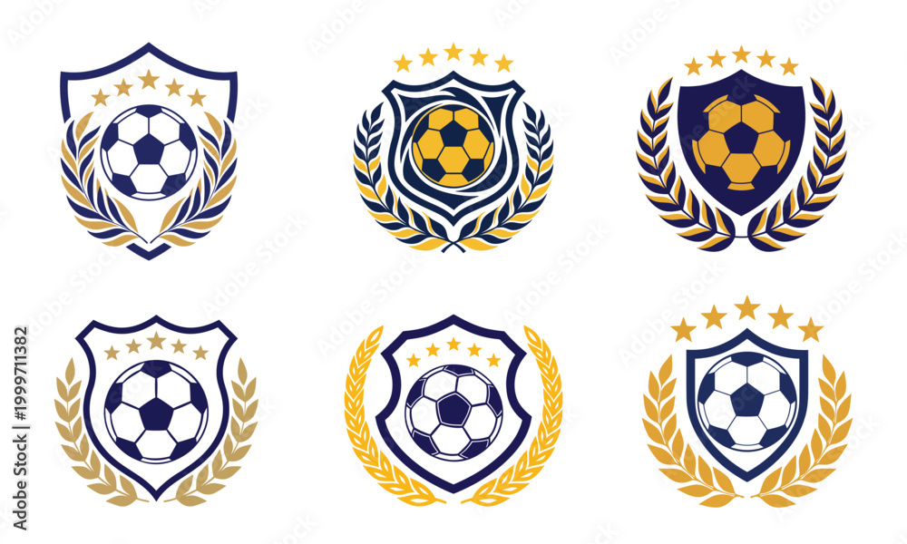 Obraz premium Soccer football shield logo set laurel wreath stars navy blue gold club emblem vector collection