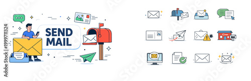 Modern flat icons representing mail communication and delivery services