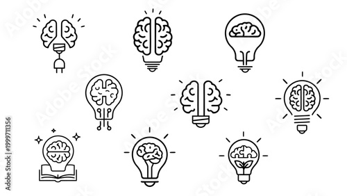 Human brain in light bulb linear icon set. Creative, generating idea, solution, knowledge, lamp symbols. Vector editable illustration