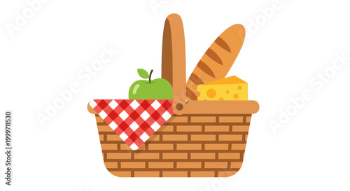Picnic basket with food items inside.