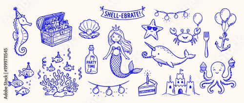 Mermaid and Marine Celebration: A collection of whimsical marine life illustrations perfect for celebration. Celebrate the marine world with this adorable illustration featuring mermaid.
