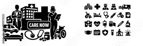 Medical and hospital care icons collage with doctors, nurses, and ambulance