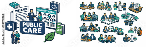 Public care and social welfare services illustration with diverse community support elements