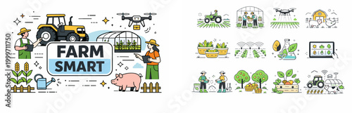 Modern farming technology with drones, tractors, and greenhouses for smart agriculture