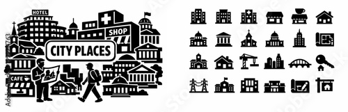 Collection of urban building icons and city landscape illustration